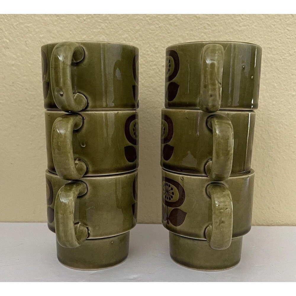 Vtg Retro Stackable Avocado Green Floral Ceramic Mugs Lot of 6 Japan READ - Picture 4 of 9
